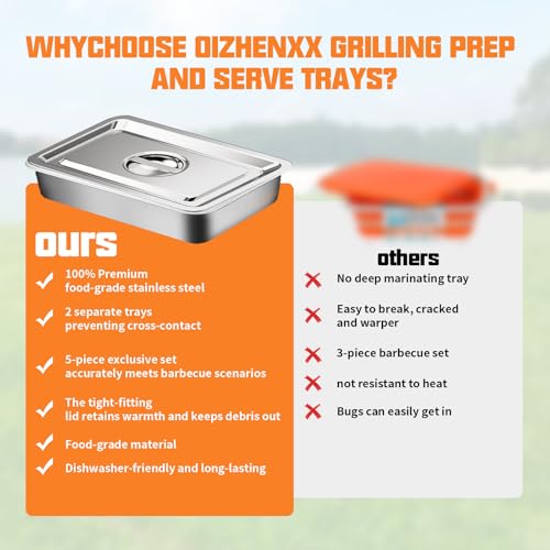 5-Piece Grill Carry System, Thickened Stainless Steel Grill Prep Trays for BBQ and Oven Use with Oil Drain Rack, Marinade Container with Lid, Nested Storage, Grilling Prep and Serve Trays