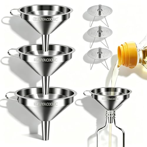 2027 Stainless Steel Filter Funnel,7 Pack Funnel Set | 4 Sizes 2.2-5.9 Inches Food Grade 304 Metal Kitchen Funnels with 3 Fine Mesh Strainers for Filling Bottles, Canning, Oil - color: Silver 7pcs