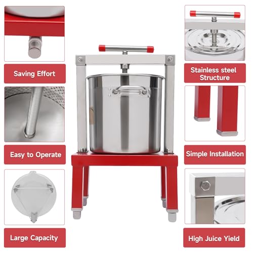 Fruit Wine Press 3.5 Gallon/13.25L Red Manual Juice Maker Stainless Steel Fruit and Wine Press Nature Juice Making Press Machine with T-Handle for Cider Apple Grape Tincture Vegetables Honey Cheese - size: 13.25L/3.5Gallon-Red