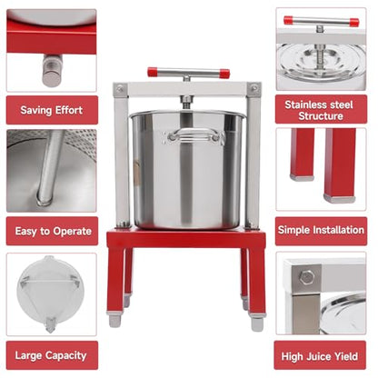 Fruit Wine Press 3.5 Gallon/13.25L Red Manual Juice Maker Stainless Steel Fruit and Wine Press Nature Juice Making Press Machine with T-Handle for Cider Apple Grape Tincture Vegetables Honey Cheese - size: 13.25L/3.5Gallon-Red