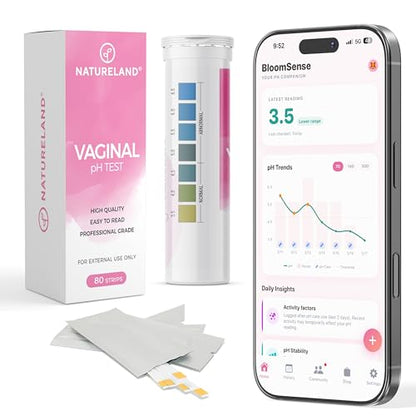 NATURELAND Vaginal pH Test Strips for Women – At-Home Test BV and Yeast Infection Kit, with BloomSense App, Accurate 3.5-6.5 Range, Foil-Sealed (80 Strips) - size: 80 Strips