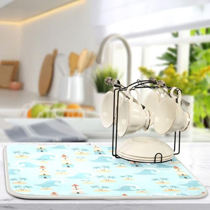 Ocean Lighthouse Palm Tree Dish Drying Mat for Kitchen Counter Super Absorbent Draining Mat with Non-slip Backed Dish Drying Pad for Countertops Sinks Draining Racks Dish Bottles Cups Bowl