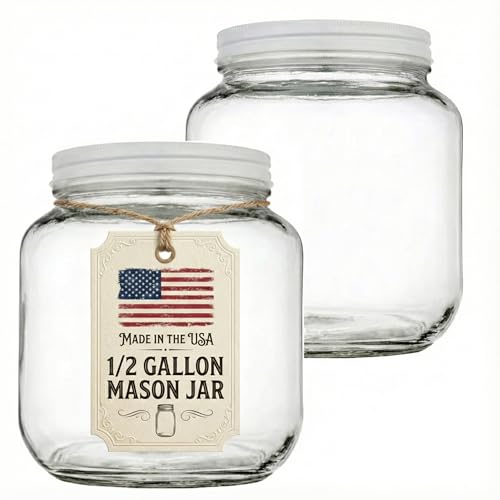kitchentoolz 64 oz Mason Jars Wide Mouth - 1/2 Gallon Glass Jar with Lid - Large Mason Jar for Canning, Brewing, Pickling, Storage - Big Mason Jar Made in USA (2 Pack) - color: White Lid, size: 0.5 Gallon