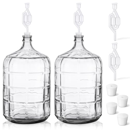 Ziliny 2 Pieces 5 Gallon Glass Carboy, 5 Gallon Glass Water Jug with Drilled & Undrilled Silicone Stoppers and Airlock Fermenting Jug Fermentation Jar Clear Beer Carboy for Beer Wine Making (Clear) - size: 5 Gallon