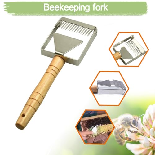 SEIWEI 16 Tines Adjustable Uncapping Fork with Wood Handle, 2 in 1 Stainless Steel Honeycomb Honey Fork Knife Bee Hive Shovel Hand Tool, Easy to Use