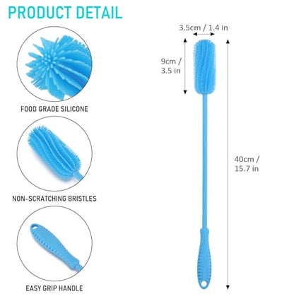 15.7" Silicone Bottle Brush, ddLUCK Water Bottle Cleaner Brush for Stanley, Hydroflasks, Glass, Thermos Sports Bottle, Vase and Glassware, Bottle Brush Cleaner for Small Narrow Neck Containers (Blue) - color: Long Blue