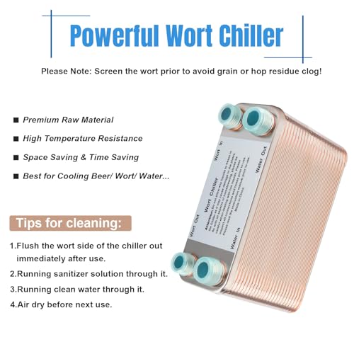 Ferroday Wort Chiller, 60 Plate Stainless Steel Brazed Plate Heat Exchanger, 1/2 NPT & 3/4 NPT Thread Plate Wort Chiller, Beer Brewing Chiller Wort Cooler For Homebrew-7.5" x 5.6" - size: 60 Plate（1/2 NPT & 3/4 NPT）