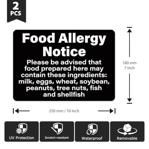2 Pack Food Allergy Notice Sign 10×7 Inches Allergen Warning Poster | Food Service Sign, Self Adhesive, Waterproof, Oil-proof, Strong Adhesion, Safety Caution Sign for Restaurant Kitchen Supplies