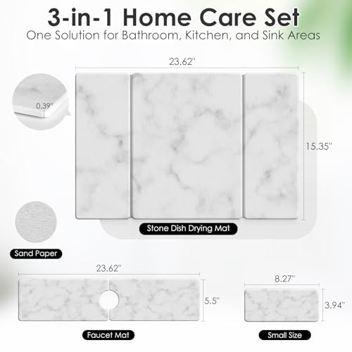 3 PCS Large Stone Dish Drying Mat for Kitchen Counter -24"x16" Absorbent Diatomaceous Earth Mat with Stone Faucet Mat & Soap Tray - Quick Dry, Collapsible, Non-Slip Countertop Organizer - color: Gray Marble