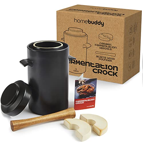 HomeBuddy Fermentation Crock (1 Gallon) with Weights, Acacia Wood Pounder and Recipie Book - Sauerkraut Fermentation Kit, Onggi Kimchi Jar, Fermenting Crock for Pickling or Sourdough - color: Black