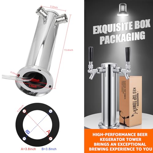 Kegerator Tower Dual Tap Beer Tower Dispenser, All Stainless Steel Beer Tap Tower Kegerator Parts, Upgraded 3" Double Tap Keg Tower with Pre-Assembled Tubing & Self-Closing Beer Faucet - size: Dual Tap Beer Tower(All Stainless Steel)