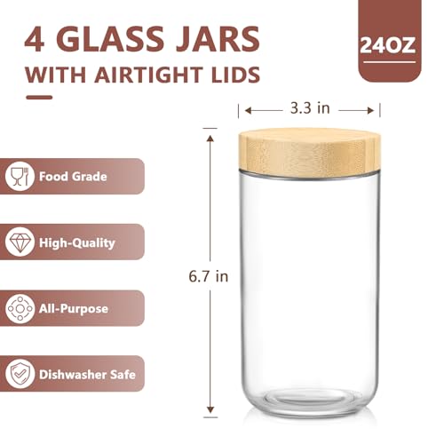DRKIO 24 Oz Overnight Oats Containers with Bamboo Lids - 4 Pack Glass Storage Jars with Airtight Lids Wide Mouth Mason Food Jars Great for Meal Prep Salad Chia Pudding Snacks Yogurt Sugar Spice - color: 24 Oz - Natural