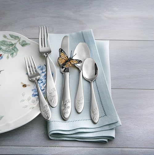 Lenox Silverware Set For 12, Butterfly Meadow 65-Piece Flatware Set, Service For 12, 18/10 Stainless Steel, Dishwasher Safe, Butterfly and Flower Motif, Includes Serving Utensils (Silver, 65 Piece) - style: 65-Piece Flatwate Set