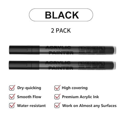 Acrylic Paint Pens Waterproof Markers 2 Black Permanent Marker Pens Acrylic Pens for Rock Painting Glass Stone Ceramic Metal Fabric Pebble Painting pens Craft Supplies - color: Black