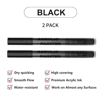 Acrylic Paint Pens Waterproof Markers 2 Black Permanent Marker Pens Acrylic Pens for Rock Painting Glass Stone Ceramic Metal Fabric Pebble Painting pens Craft Supplies - color: Black