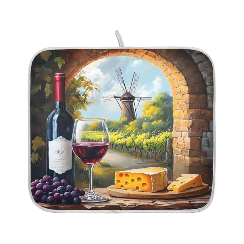 Red Wine Glasses with Grape Cheese Farm Dish Drying Mats for Kitchen Counter, 18x24 inch Drying Dishes Absorbent Microfiber Dish Drainer Mat Rack Pad Fast Dry - size: 18x24in