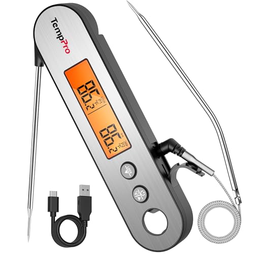 TempPro TP610 Rechargeable Instant Read Meat Thermometer with Foldable Probe & Wired Leave-In Probe, Waterproof Cooking Thermometer with Alarm & Backlit for BBQ Grill Smoker Oven(Previously ThermoPro)
