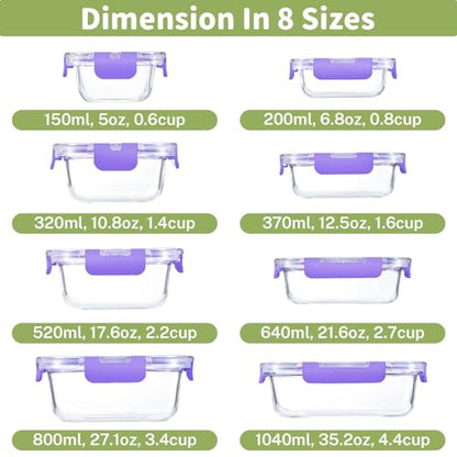 HOMBERKING 8 Pack Glass Food Storage Containers with Lids, Meal Prep Containers, Airtight Bento Boxes with Leak Proof Locking for Microwave, Oven, Freezer and Dishwasher, BPA Free, 5-35oz, purple - color: Purple