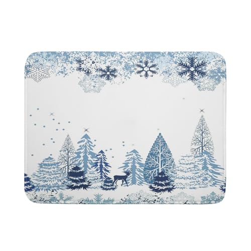 Giwawa Winter Blue Snowflake Dish Drying Mat Christmas Tree Kitchen Counter Dish Drainer Mats Xmas Forest Deer Moose Dish Dry Pad Bottles Protector for Kitchen Countertop Coffee Bar, 18x24 inch Large