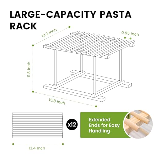 Pasta Drying Rack, Wooden Noodle Drying Rack for Pasta with 12 Detachable Rods & Fixed Grooves, Effortless Pasta Transfer, Holds Short/Long Noodles