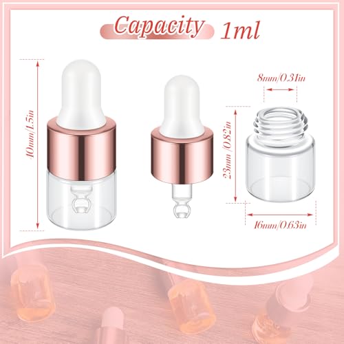 Didaey 100 Pcs 1/2/3/5/10/15 ml Mini Glass Oil Dropper Bottle Bulk, Clear Essential Small Empty Bottles Sample Containers Perfume Liquid Vials with Cap for Traveling (1 ml,Rose Gold) - color: Rose Gold, size: 1 ml