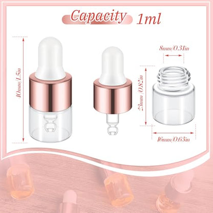 Didaey 100 Pcs 1/2/3/5/10/15 ml Mini Glass Oil Dropper Bottle Bulk, Clear Essential Small Empty Bottles Sample Containers Perfume Liquid Vials with Cap for Traveling (1 ml,Rose Gold) - color: Rose Gold, size: 1 ml