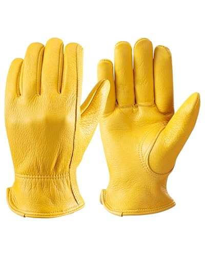 OZERO Leather Work Gloves: Mens Deerskin Gloves for Men & Women (Gold, M) | Soft Breathable Abrasion Resistant Gardening Firewood Glove - for Driving Riding Yardwork Ranch Farm Hunting Garage DIY - color: Gold, size: Medium (Pack of 1)