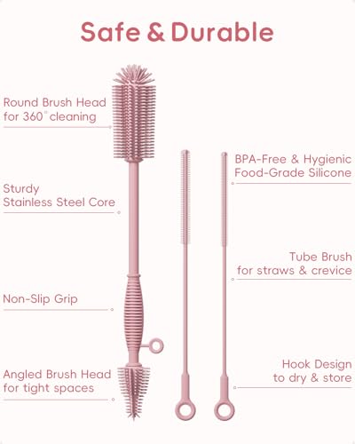Silicone Cleaning Brush Kit,Water Bottle and Straw Cleaner Brush Set for Tumbler,Baby Bottle,Breast Pump Part,Nipple,Sippy Cup,Glass,Dishwasher Safe,BPA Free,3 Pcs - color: Pink