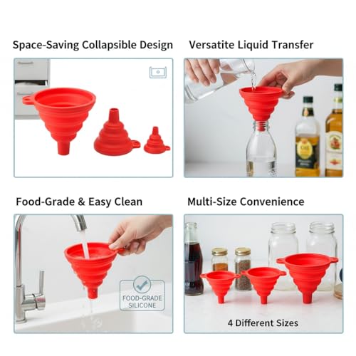 4 Pack Silicone Collapsible Kitchen Funnel for Water Beer Oil Filling Bottles ，Foldable Silicone Funnel Set – Collapsible Small & Large Funnels, Water Bottles & Liquid Transfer – Food Grade（red） - color: red