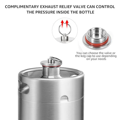 Mini Keg Growler 128oz Stainless Steel Mini Keg Portable Keg Homebrew Growler Pressurized Growler with Exhaust Valve Cap Mini Keg Insulator Sleeve Seal Knob Cover - Silver
