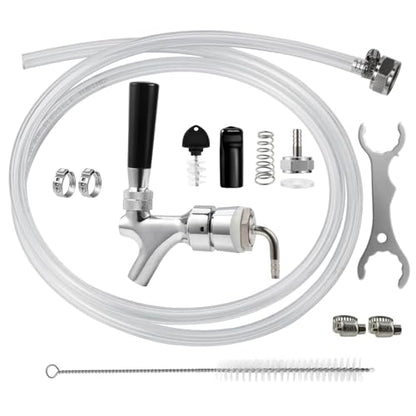 MRbrew Beer Line Shank Faucet Kit, Stainless Core Self-Closing Beer Tap with 3/16'' liquid hose & 1/4" Barb, Kegerator Tower Replacement Set for Draft Beer Dispenser - Include Tap Wrench & Hose Clamps