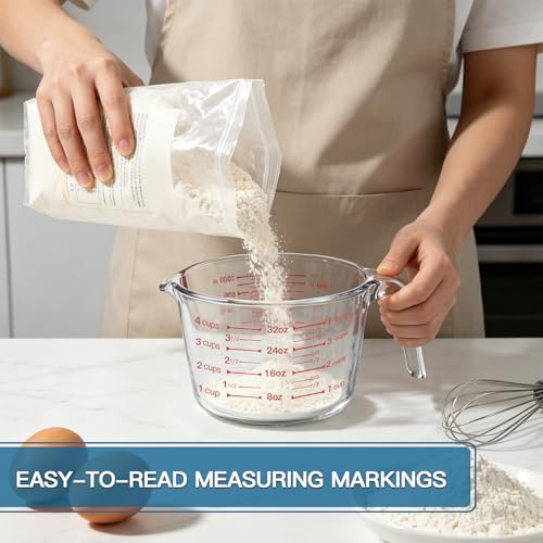 KOMUEE 4 Pieces Glass Measuring Cups Set | 5 Oz, 1-Cup, 2-Cup, 4-Cup Liquid Measuring Cups with Lids for Kitchen, Freezer and Microwave Safe
