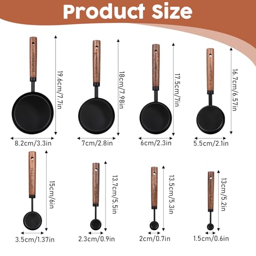 Stainless Steel Measuring Cups Set and Measuring Spoons Wooden Handle Metal Measure Cups and Spoons for Cooking and Baking, 8 Piece - color: Black