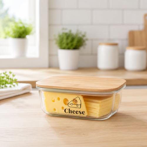 Cheese Container for Refrigerator,Glass cheese slice holder with Wooden Lid,Lunch Deli Meat Containers for Fridge,BPA-Free Shredded Cream Block Sliced,Grated,CheddarCheeses Storage Box Saver keeper