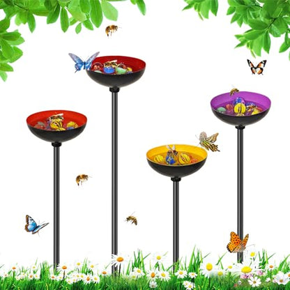 4 Pack Bee Watering Station for Garden, MeyRolizn Outdoors Metal Bee Butterfly Feeder with Glass Marbles, Butterfly Bath Insects Water Bowl for Yard Patio Decor - style: 4pcs Yellow Purple Red Orange