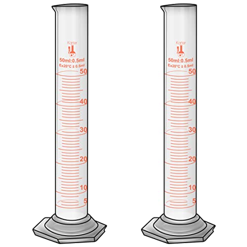 50ml Graduated Cylinder, Borosilicate 3.3 Glass, Single Metric Scale, Class B, Karter Scientific 246H7 (Pack of 2) - size: 50ml, style: Pack of 2
