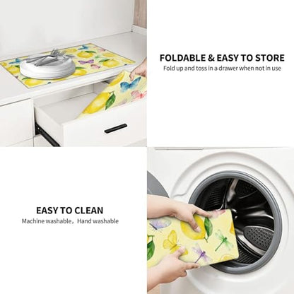 Kitchen Drying Mat for Countertop Fresh Lemon Butterfly Garden Pattern Non-Slip Kitchen Counter Mat for Dishes Glassware - color: Yellow Soft Green