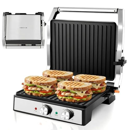 KEINVE 1700Watt Panini Press, Sandwich Maker with Temp & Time Setting, 4 Slice Large Non-Stick Versatile Grill Press, Opens 180 Degrees to Fit Steak, Fish, Vegetable and More - size: 4 Slice(Temp & Time Control)