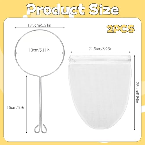 3Pcs Ultra Fine Mesh Reusable Strainer Bags with Stainless Steel Handle | Cheese Cloth Bag for Nut Milk, Juice Strainer, Fresh Cheese, Yogurt, 4.95"Wx9.6"D