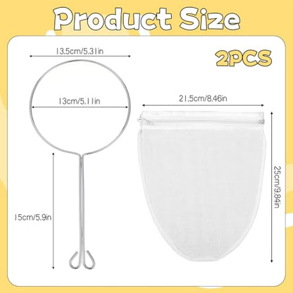 3Pcs Ultra Fine Mesh Reusable Strainer Bags with Stainless Steel Handle | Cheese Cloth Bag for Nut Milk, Juice Strainer, Fresh Cheese, Yogurt, 4.95"Wx9.6"D