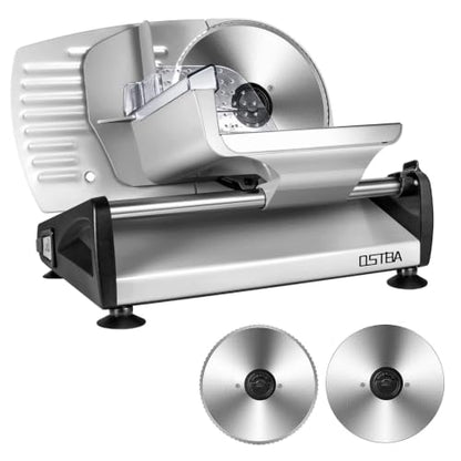 OSTBA Electric Meat Slicer, 2 Removable 7.5" Stainless Steel Blade and Food Carriage, Adjustable Thickness 0-15mm, Child Lock Protection, 200W Deli Food Slicer for Meat, Bread, Cheese, Vegetables - size: 200W with 2 Blades