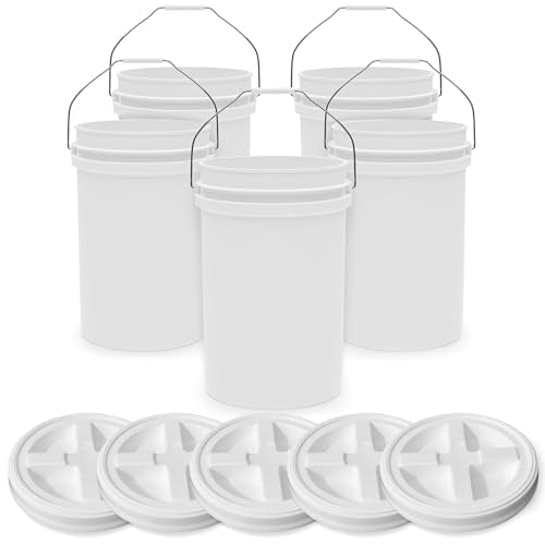 6.5-Gallon White Bucket Pail with Gamma Seal Screw on Airtight Lid, Heavy-Duty 90MIL Extra Durable, Food Grade, Metal Handles with Plastic Grip for Easy Carrying, Easy Stack & Store, BPA Free - 5 Pack - color: White - 6.5 Gallon, size: 5 Pack
