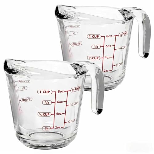 (2 Pack) 1-Cup Glass Measuring Cup, 8 Oz Tempered Glass with Easy-Grip Handle & Drip-Free Spout, Etched Imperial Metric Markings, Oven Microwave Dishwasher Safe