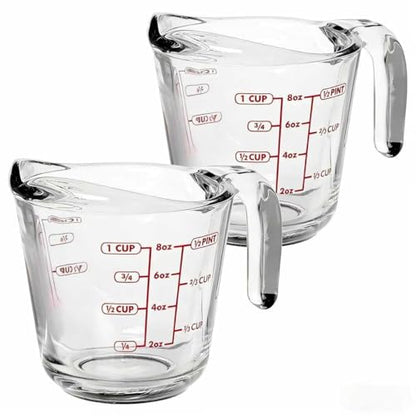 (2 Pack) 1-Cup Glass Measuring Cup, 8 Oz Tempered Glass with Easy-Grip Handle & Drip-Free Spout, Etched Imperial Metric Markings, Oven Microwave Dishwasher Safe