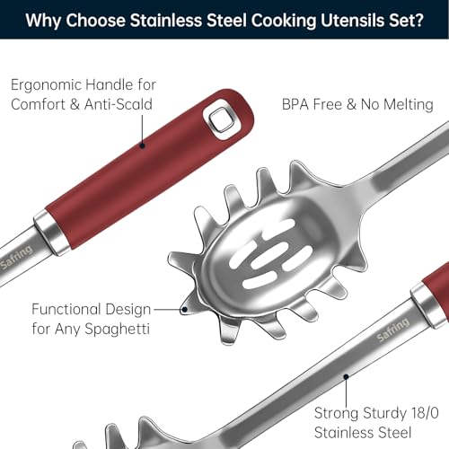 Safring Stainless Steel Soup Ladle and Spaghetti Spoon Set, Heat Resistant Rubber Handle, Dishwasher Safe, Kitchen Utensils for Cooking, Stirring, Serving Pasta, Soup & Sauce (Red) - color: Red