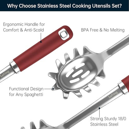 Safring Stainless Steel Soup Ladle and Spaghetti Spoon Set, Heat Resistant Rubber Handle, Dishwasher Safe, Kitchen Utensils for Cooking, Stirring, Serving Pasta, Soup & Sauce (Red) - color: Red
