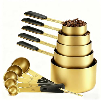 Bopei Measuring Cups and Spoons Set, Gold Electroplated Stainless Steel 10 Piece for Cooking and Baking (5 Cups + 5 Spoons Gold) - color: Gold