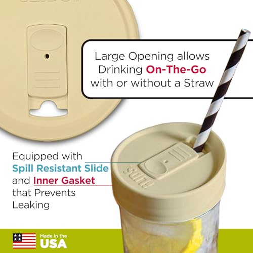 Wide-Mouth Mason Jar Drink Lid - USA Made, BPA-Free, Spill-Resistant for Coffee, Cold Brew & Iced Tea - Fits 3 3/8 in Ball & Kerr Wide Mouth - Pack of 2 - color: Butter