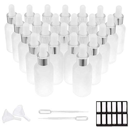 PrettyCare Glass Eye Dropper Bottles 24 Pack, 1oz (30ml) Frosted Empty Thick Bottles Bulk with Leakproof Silver Caps - With Labels & Funnels for Storage, Travel, Essential Oils, Cuticle, Tinctures - color: 1oz Frosted, style: 24 Pack