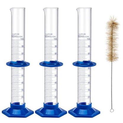 3 Pack 100 ml Graduated Cylinder, Clear Measuring Cylinder Set, Borosilicate 3.3 Glass with Plastic Base and Cylinder Brush, for Liquid Lab Shool